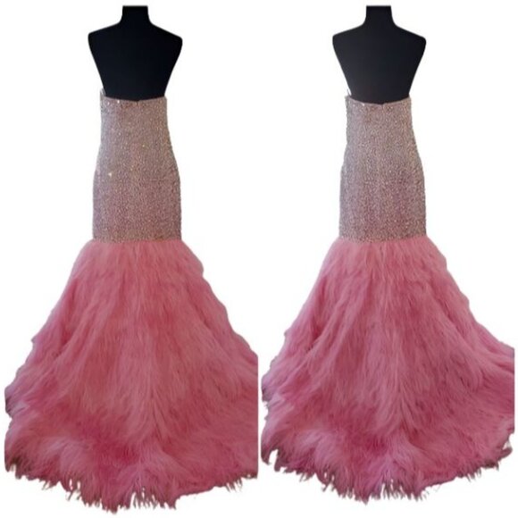 Couture Luxurious Ostrich Feathers Designer Embroidery Evening Prom Gown Dress - Picture 11 of 16